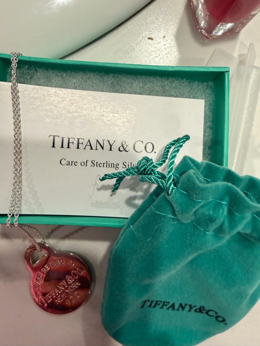 Tiffany & Co. Sterling Silver Heart Tag Necklace with Tiffany Blue Pouch